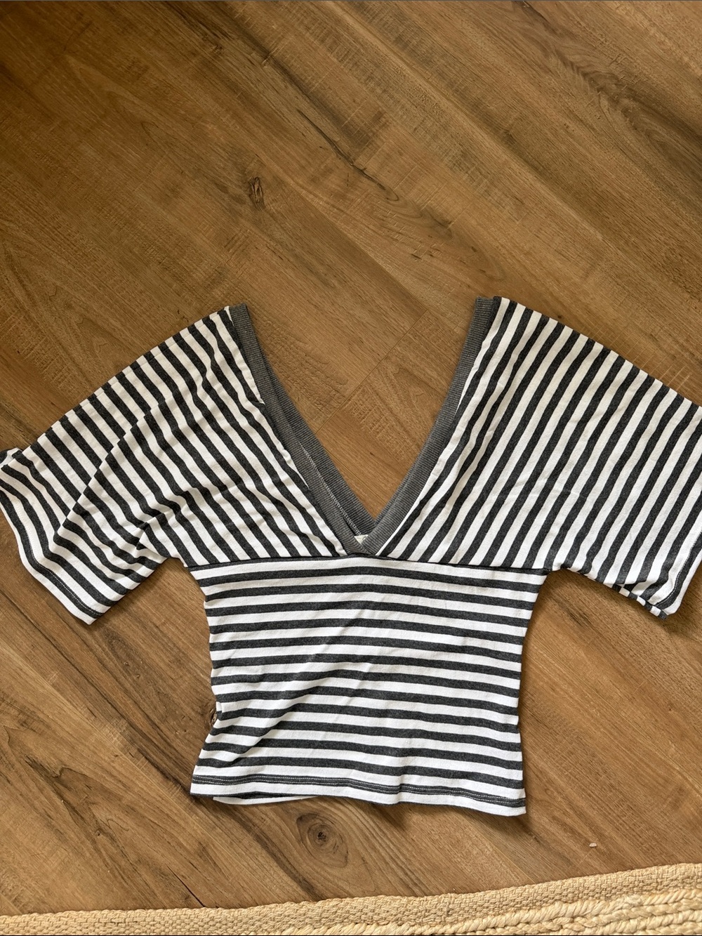 Grey & White Striped V-Neck Top